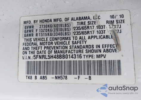 2011 Honda Odyssey Ex из США, поврежденный, VIN 5FNRL5H48BB014316